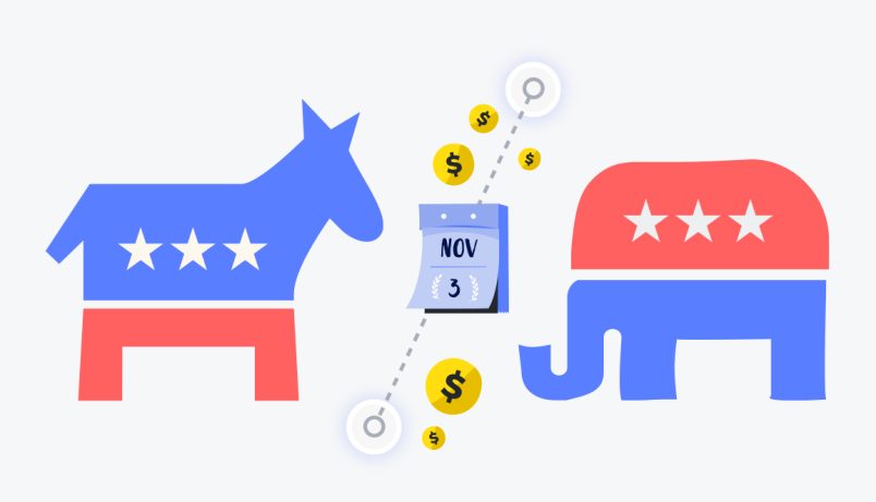 The Democratic donkey (left) and Republican elephant (right) are split by a line and a calendar reading Nov 3
